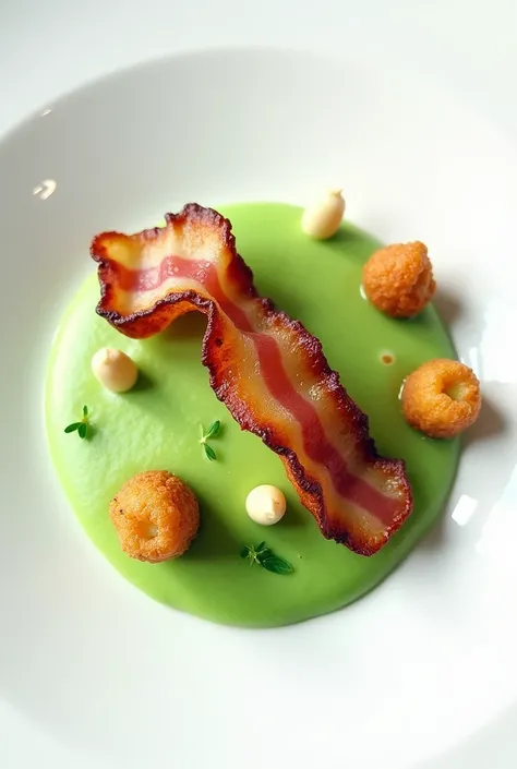 Green pea cream with bacon and fried pudding