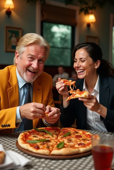 "Show two people, one middle-aged man with blond hair and a bright suit and one woman with dark hair and a professional blouse, sharing a pizza at a casual pizzeria. The man has a surprised expression as he reaches for a slice, while the woman laughs, hold...