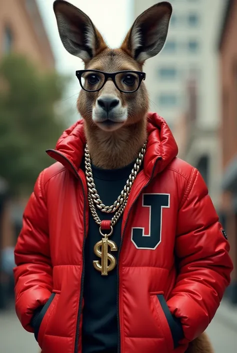  Video KANGAROO full body with black glasses , wearing red jacket with letter J on the front ,  wearing a thick chain around the neck with a pendant with a dollar sign.