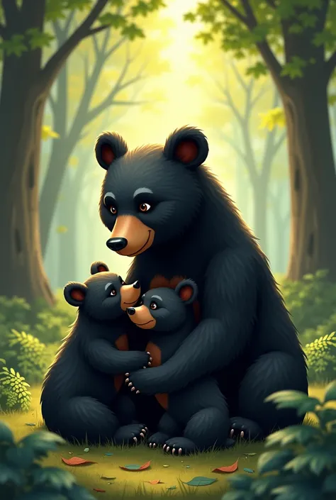 A little black bear with her mom and brother little bear 