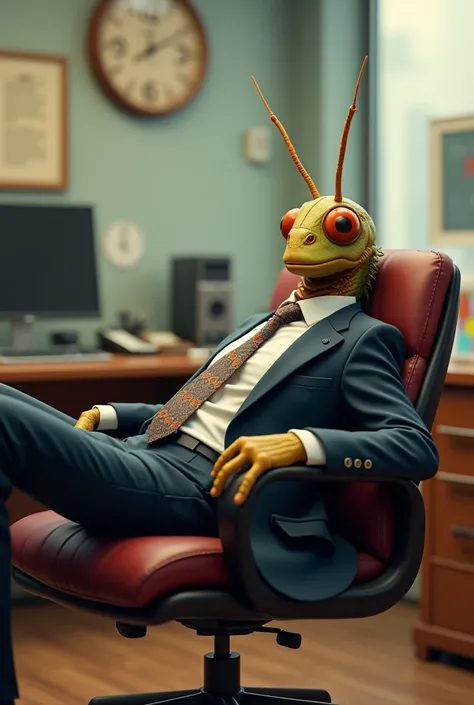 A cricket in a tie and suit lying on the chair with feet on another chair inside the office without giving importance to the work 