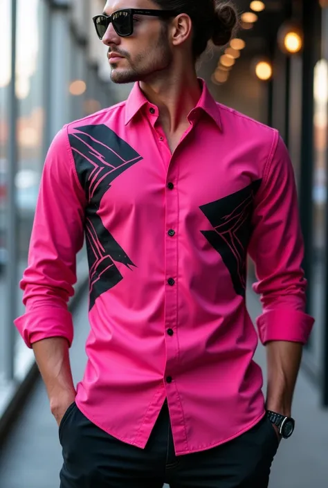 A pink shirt with black automotive sound details 
