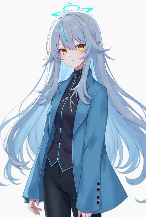 androgyne , snow-white skin, girls appearance, short stature,  long silver-blue hair, golden eyes, anime, blue clothes with black pants 