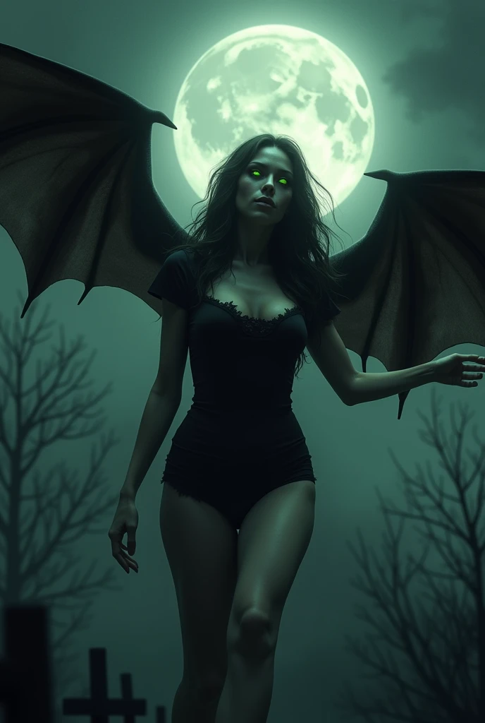 Vampire with demon wings flying in the night. full moon, Lights HD , Shadows HD,  masterpiece .  big breasts shirt, by the dark hair,  very white skin,  green eyes,  seductive look.