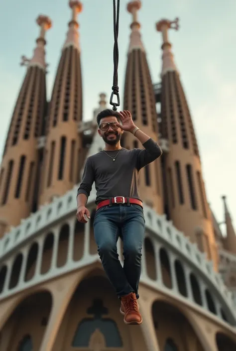 Can you create a man in Barcelona ,  on the Sagrada Familia and have a strap around your neck

Let us see the façade of the Sagrada Familia and let it be a belt around his neck hanging him

Keep the background,  but that the belt is like those used on the ...