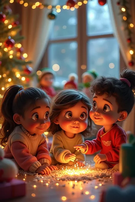 Create a pixar image of s and Boys of all skin colors in a Christmas decoration