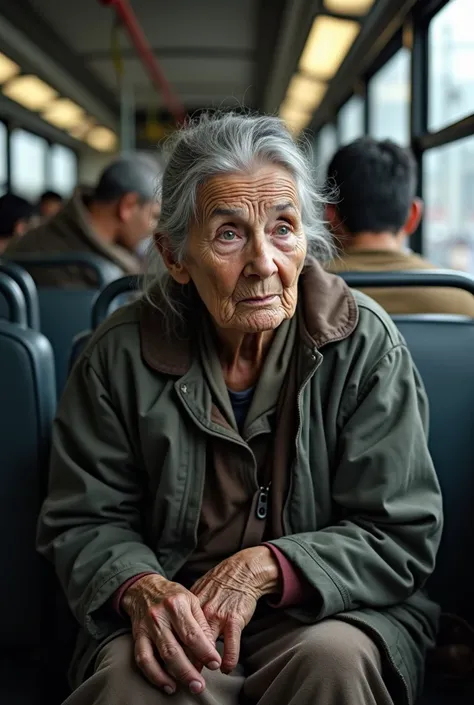 Photograph of an elderly woman working on public transport.