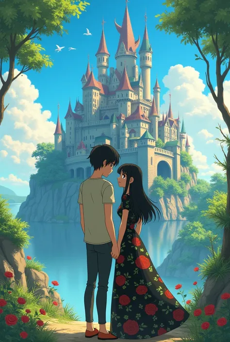 A photo with the style of Studio ghibili
Me and my boyfriend
My boyfriend is a tall, skinny boy with short black hair
I am a girl with long black hair and bangs, short and plumpwith a long black dress with red and green flowers.
Behind us were howel moving...