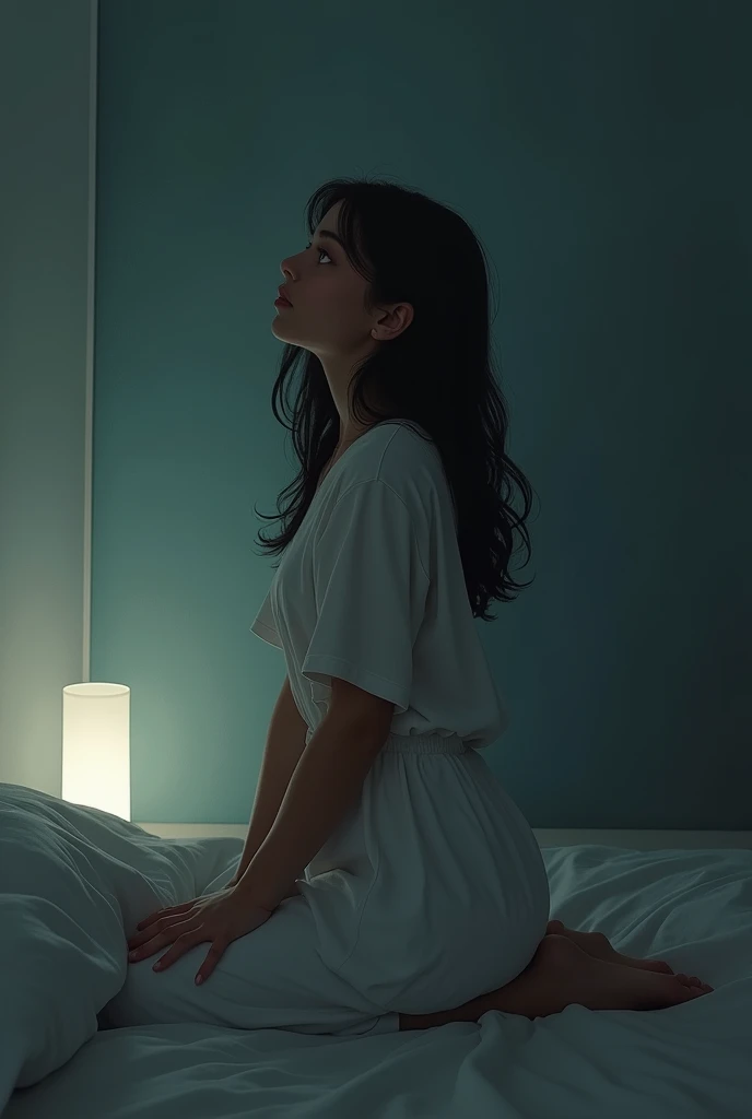  Clara is kneeling beside her bed in a simple room illuminated only by a faint light.  Her expression is one of surrender and serenity , like someone who trusts and waits .