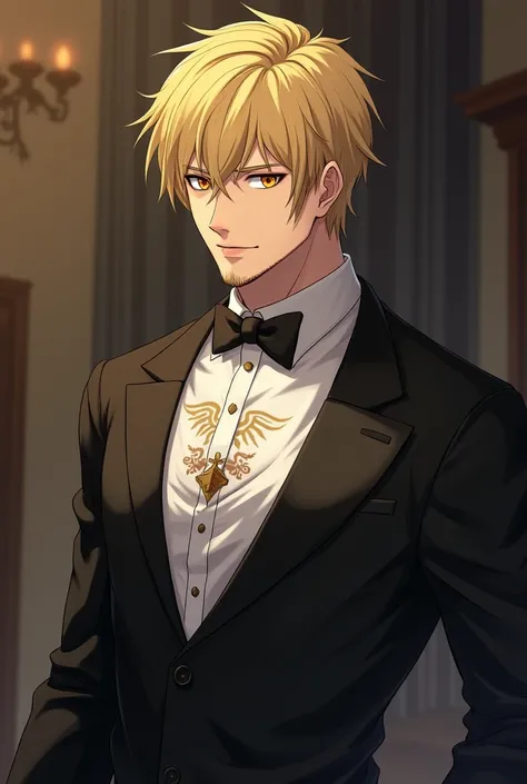  blond anime man with 33 years of age and manly features ,with little beard, golden eyes and that he is a banished angel ,  has a tattoo on his chest and some hair on his arms ,  also a good musculature and white skin with a tuxedo and a serious face with ...