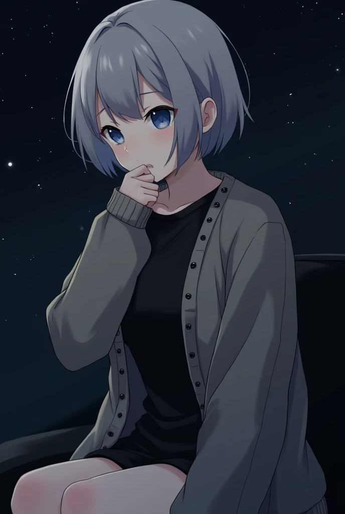 25 year old anime hottie, gloomy,  short hair , ash gray hair ,  pale blue eyes , black shirt,  sweater jacket on black nail head, which,  awkward smile , upper body,  hand on chin , sitting sideways looking anxious,  dark ground at night baground Sparkle ...