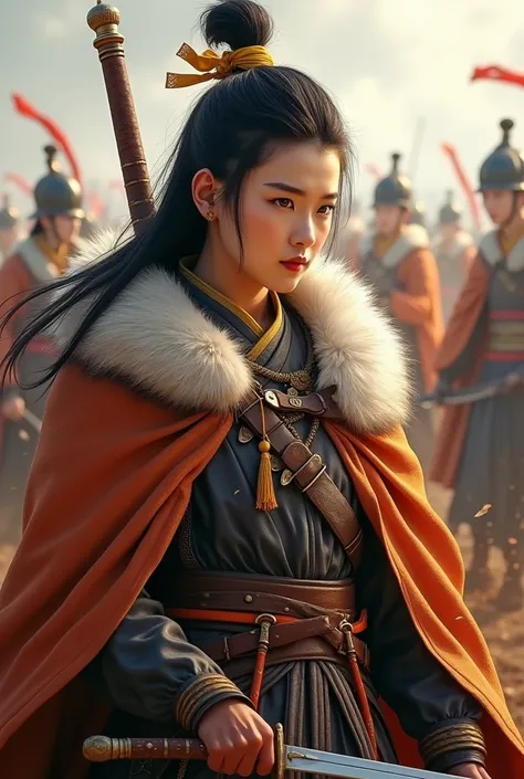 A young black ponytail from the Three Kingdoms period Chinese middle aged Han wearing a fox leather cape wearing a yellow headband holding a long knife is commanding the army