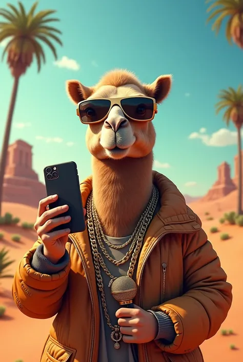 A rapper camel taking a selfie with a phone 