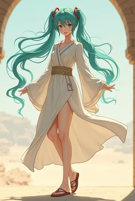 Create Miku with Arab clothes, But let them be few garments and with flat sandals