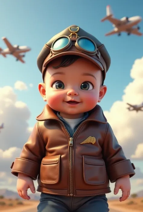 A six-month-old baby wearing an airplane pilots outfit 