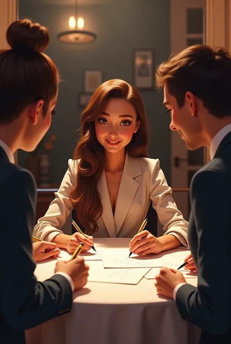 Woman sitting signing sheets at a table to fans drawing