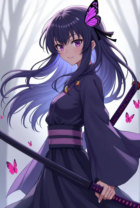 EFT_Shinobu, 1girl, weapon, kochou shinobu, demon slayer uniform, sword, solo, hair ornament, butterfly hair ornament, katana, holding weapon, holding, purple hair, black hair, holding sword, japanese clothes, haori, multicolored hair, smile, purple eyes, ...