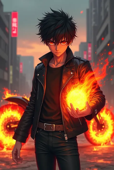 Teenage boy with bright red eyes wearing leather jacket with metal strap around his waist holding a fireball and behind him a chopper bike with the front and rear wheels on fire anime style 