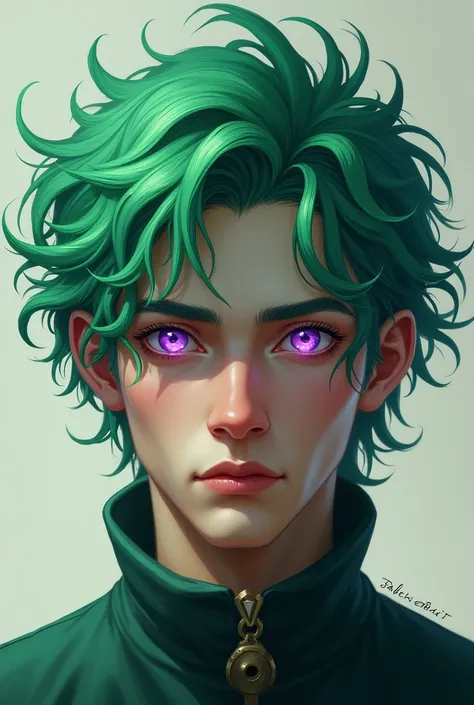 White man with green hair and purple pupils 
