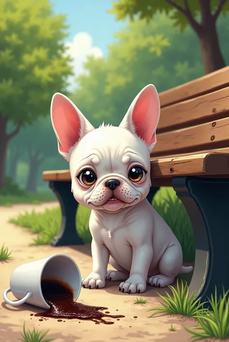 Scared white French Bulldog puppy with coffee under a park bench. in drawing