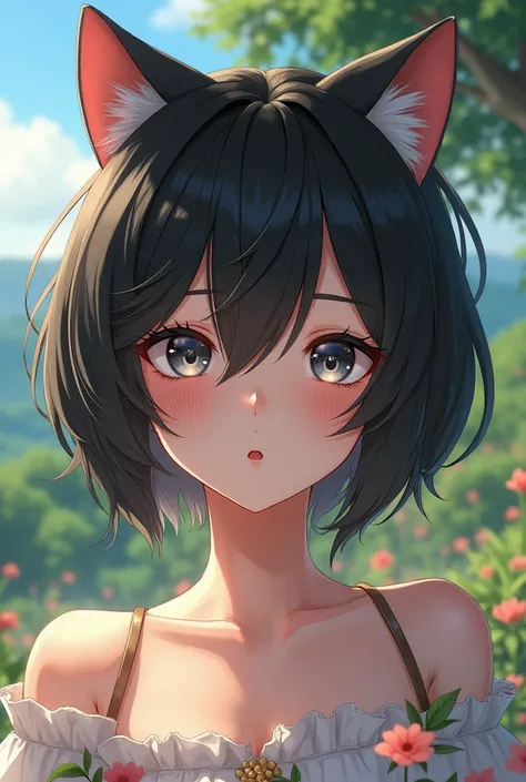 (8k, RAW Foto,  best quality , masterpiece:1.2), LandAn  (azur lane), Fantasies_World,  1 girl, (aegyo sal:1), cute, altered, (Jpop_Idol),  detailed beautiful skin,  huge breasts , Tierohren,  black hair, Cat ears, grey eyes,  short hair , sad hand An own ...