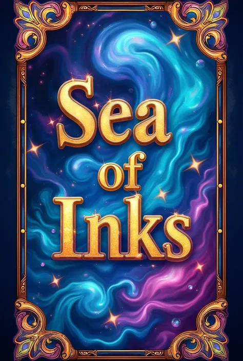 Make the cover of an elegant concept book with a title in multicolored letters: Sea of Inks . Having stained glass borders with elements of:, a circus tent and a colorful sea  