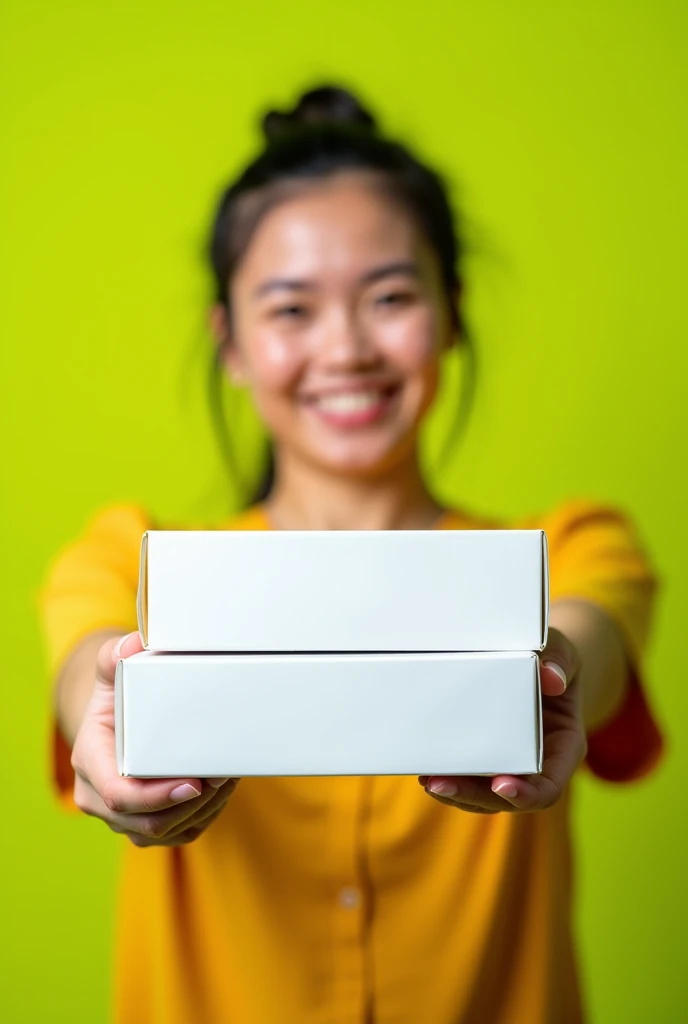 Studio close-up of a woman holding two rectangular boxes, centered in the frame. Only the lower half of her face is visible, revealing a subtle, happy smile. She wears a short-sleeved amber-yellow shirt. Her light-toned hands hold the boxes gently just bel...