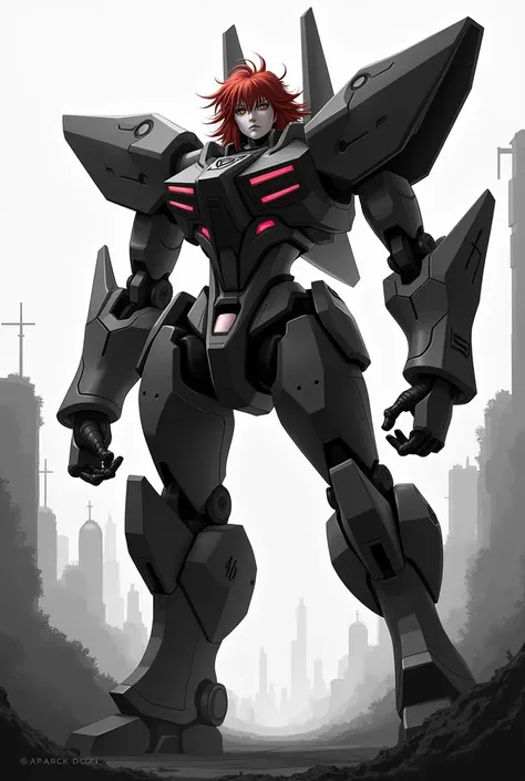 Generate a black and white image of the Evangelion robot unit 2 but that takes the form of Asuka from Evangelion 