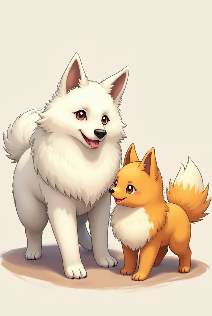  two white Samoyed Pokémon-style dogs. one old and one young both with brown eyes and medium size