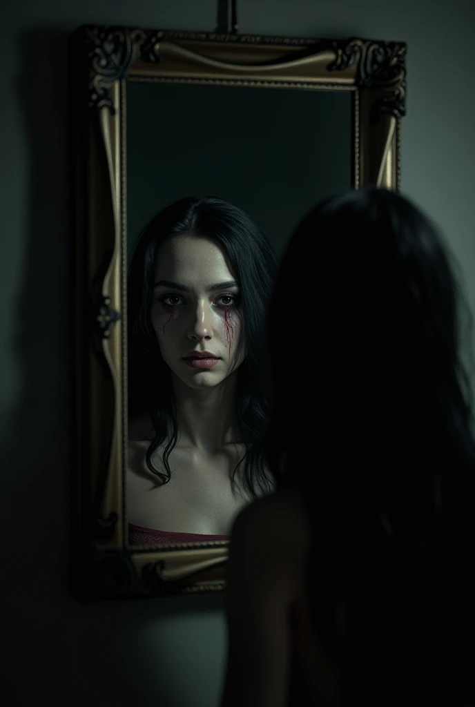 Create an image of a woman with long black hair looking at her reflection in a mirror but with short hair. with a shady environment and that women have an evil face 