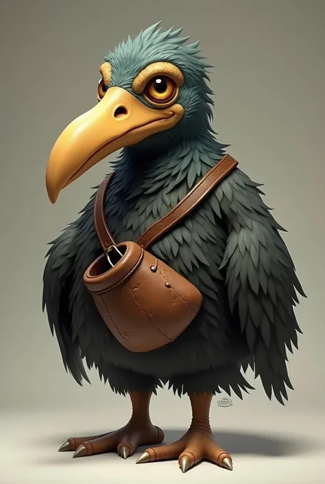 Create an image of a dodo bird with the head of Harpagon from the game King of Choice. The bird should have a large, curved beak and a plump, stout body typical of a dodo, but with Harpagons face—wrinkled, with a sharp, greedy expression, narrow eyes, and ...