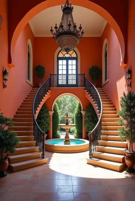 Mediterranean style chateau with magenta-orange stucco walls, Bifurcated grand staircase with black iron railings, center water fountain, chandelier, arched doorways and windows, beautiful and welcoming foyer. 