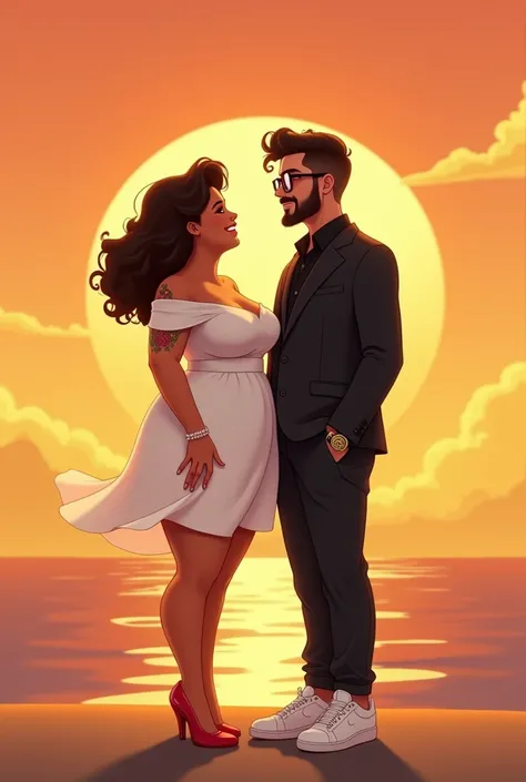 Masterpiece, (best quality: 1.2), (super fine: 1.2), animated illustration, (extremely delicate and beautiful: 1.2), full-body characters standing in the center, breathtaking sunrise background, (light detail: 1.1).

A curvy plus-size Brazilian woman with ...