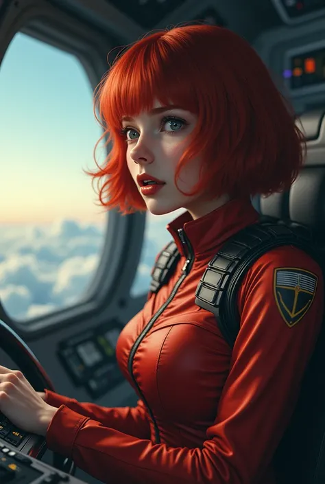  absurd resolution ,  High resolution, (masterpiece: 1.4),  hyperdetail , 1 young woman,  short red hair , pilot suit, rich princess,  sitting in an extremely tight and closed wick control room, scared expression crying with open mouth called  (1.3), in th...