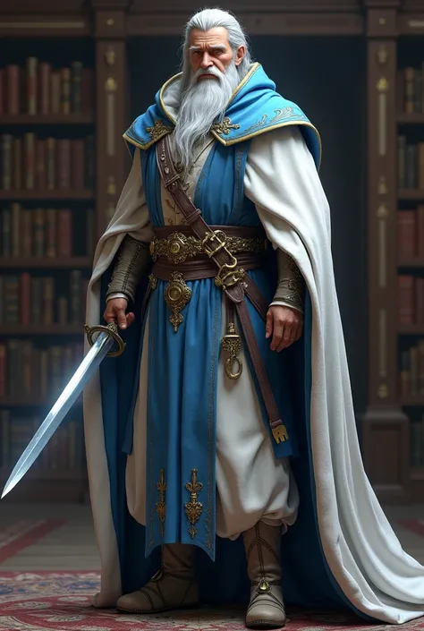 A full body of a RPG character in 3d style: (full body:1.5), (man:1.5), 30 years-old, arcanist clothes, white ans blue robe, wizard robe, silver hair, magic dagger, library background, 3d, fantasy, medieval fantasy