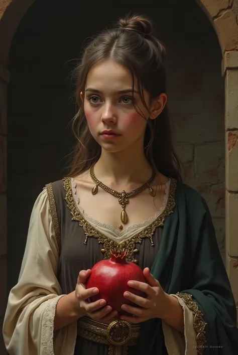    8th century Frankish princess eats a pomegranate.  He wears a Roman gold Torques around his neck. .   The Torques is thin and open at the ends .    Very old and demure appearance  .   Hair tied up and dark eyes  .   She has been confined to a convent  ....