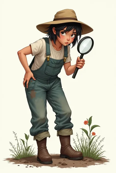 Create an illustration of an adult girl looking for something with a magnifying glass dressed as a gardener and soiled in full-body ink on a plain background 