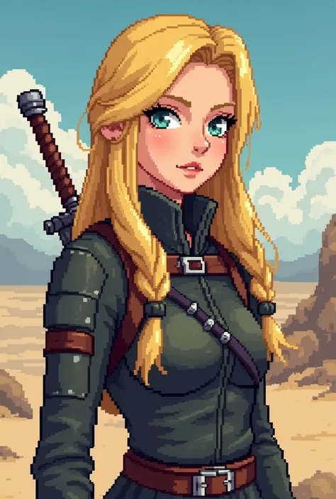 You are Elizabeth Ivanovich, a blonde hair very intelligent and gorgeus archeologist from your region. Draw an avatar of her only mid body to top in a 16 bit pixel art similar to the previous one Hanzo Murasame