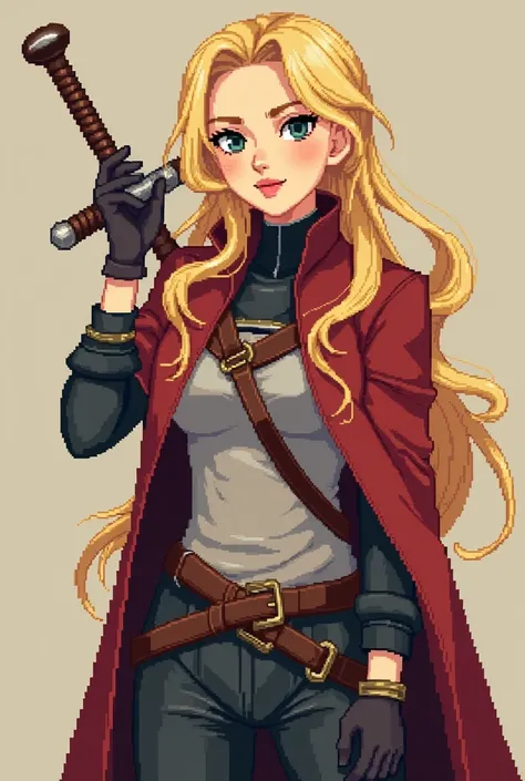 You are Elizabeth Ivanovich (age 28), a blonde hair very intelligent and gorgeus archeologist from your region. Draw an avatar of her only mid body to top in a 16 bit pixel art similar to the previous one Hanzo Murasame