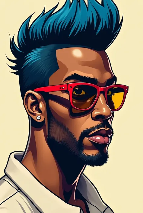 Black man with blue mohawk hair and red glasses icon with centered comic book style face 