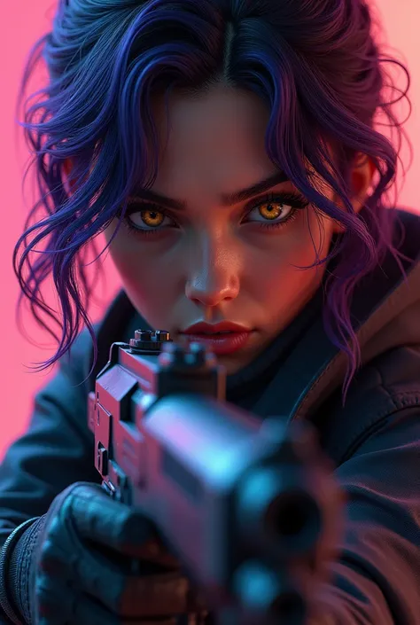 A pretty girl with brown skin, corpo sexy, wavy purple hair [ with shades of black ],  golden eyes (bright), hyperrealistic eyes, with a gun, jumping, in sniper gear, Valorant Riot Game,  round face,  Realistic Lighting , radiosity, close up.