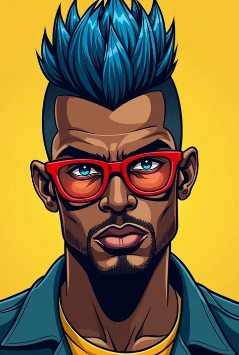 Black man with blue mohawk hair and red icon-style glasses with face centered forward comic book style 