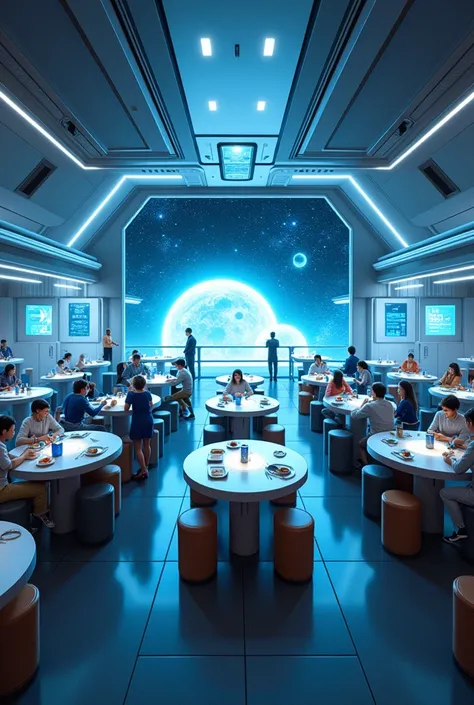 Cafeteria with 6 tables 
Blue color 
In space 