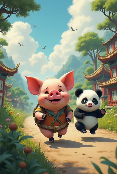 Imagine a pig and a panda moving between places