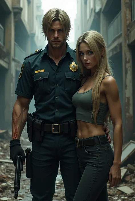 Leon Kennedy from Resident Evil 2 ,  dressed in his muscular police uniform ,  in an abandoned and wrecked place , with a long-haired blonde girl , with blue eyes.  Both dirty and stained with a little blood