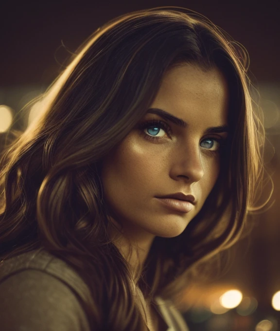 photo of woman, perfect hair, (closeup portrait), (vintage photo, sweatpants), 85mm, (tintype), (analog, cinematic, film grain:1.3), ((in Barcelona, nighttime, gritty)), ((detailed eyes)), (color picture), (epicPhoto)