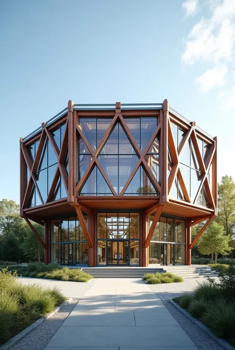 A front elevation of an octagon-inspired auditorium with a modern frame structure, designed Front elevation of a modern auditorium with a mix of octagonal and nautical design elements, showcasing a glass facade with strong, geometric trusses inspired by Fr...