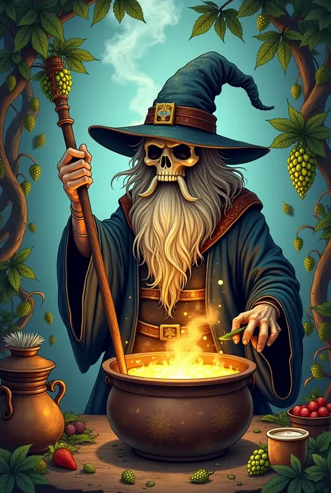 Create a label for beer with a wizard skull brewing beer wearing a hat stirring the cldeirao with a shovel and holding hops in the other hand with a word MAGO Brewer