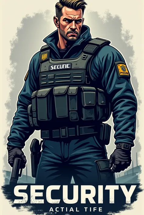  I need a logo for a security group with a theme featuring a special operations police officer, Where do the words Security ,  judicial police and Vila Real DIC appear and with the motto acta non verba 