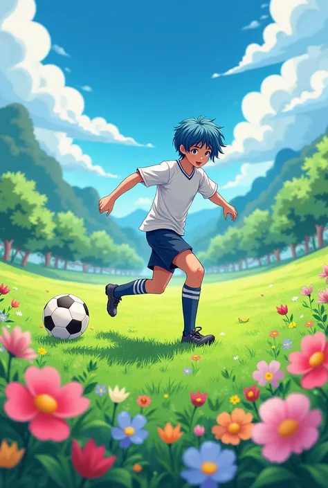  Create one playing soccer on a field full of flowers because of spring the one with short blue hair brown skin brown eyes brown eyes basic school clothes